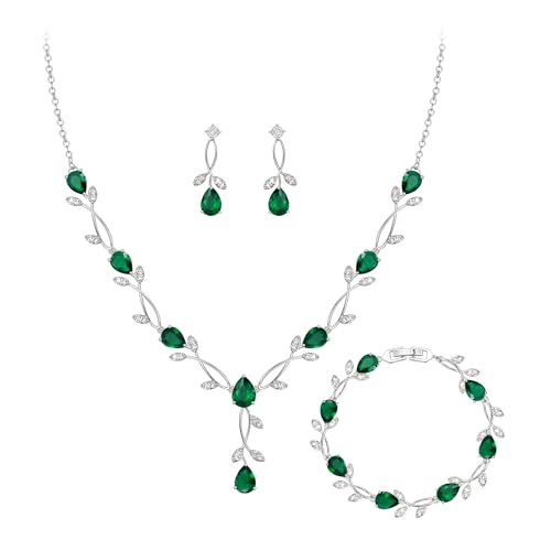 Crysdue Wedding Jewelry Set for Brides Bridesmaid, Cubic Zirconia Teardrop Marquise Leaf Cluster Pendant Necklace Bridal Tennis Bracelet Drop Earrings for Women Party Prom - style: A- CZ set-green, silver
