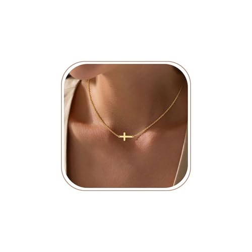 Cross Necklace for Women Dainty Small Cross Pendant Choker 14K Gold Plated Simple Trendy Cute Cross Charm Chain Necklace Easter Baptism Religious Faith Jewelry Gift - color: Sideways Cross-GD