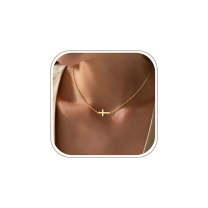Cross Necklace for Women Dainty Small Cross Pendant Choker 14K Gold Plated Simple Trendy Cute Cross Charm Chain Necklace Easter Baptism Religious Faith Jewelry Gift - color: Sideways Cross-GD