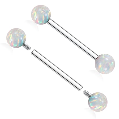 AROWRO Nipple Piercing Jewelry G23 Titanium Nipple Rings Tongue Rings Nipple Bar 14G Internally Threaded Straight Barbells Bridge Piercing Jewelry 12mm-20mm - color: Silver+White Opal