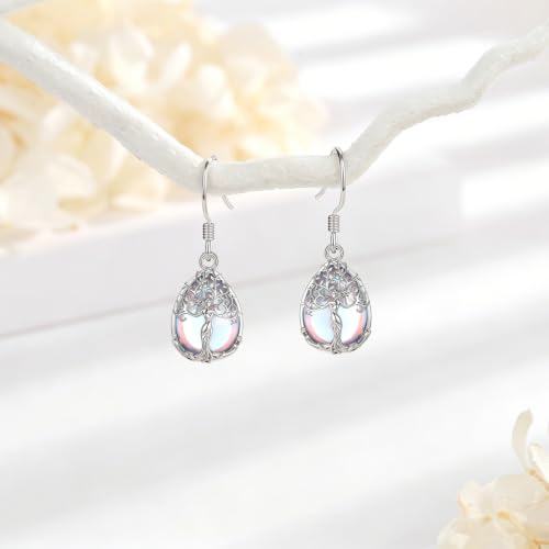 AEONSLOVE Tree of Life Crystal Earrings with Sterling Silver Ear Hooks, Dangle Drop Tree Earrings Gifts for Women - style: A01-Moonstone-Teardrop
