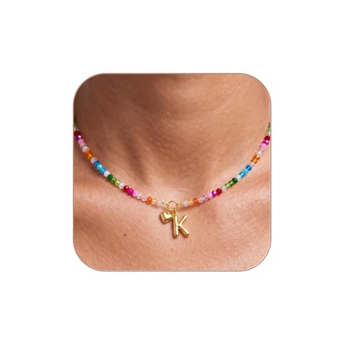 Initial Necklace for Women Colorful Beaded Necklaces Initial Heart Bubble Letter Necklace Summer Necklace Jewelry Gift - color: K