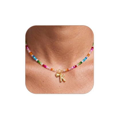 Initial Necklace for Women Colorful Beaded Necklaces Initial Heart Bubble Letter Necklace Summer Necklace Jewelry Gift - color: K