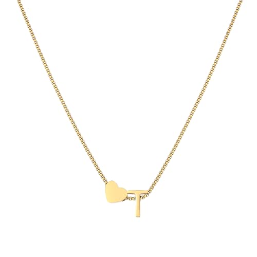 18K Real Gold Plated Heart Initial Necklace for Women-Personalized A-Z Letter Pendant on Durable Stainless Steel Box Chain (16+2.5 inch Adjustable) Hypoallergenic Everyday Jewelry Gift Boxed for Mom Wife - style: Gold:T