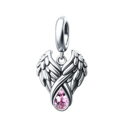 KunBead Guardian Angel Wings Birthstone Dangle Birthday Charms Compatible with Pandora Charm Bracelet for Women - color: Pink
