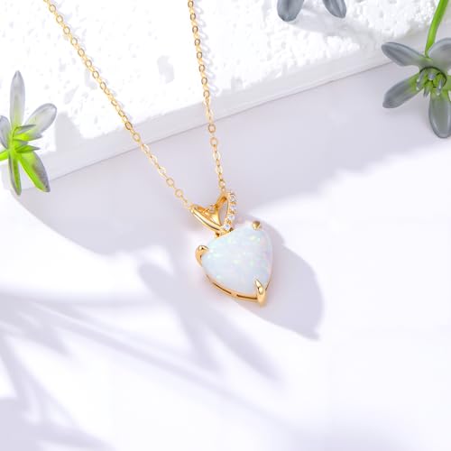 14K Gold Love Heart Necklace with Diamond for Women 4 Carat Heart Shaped Opal Pendant Necklace Dainty Jewelry Gift for Christmas Valentine's Day