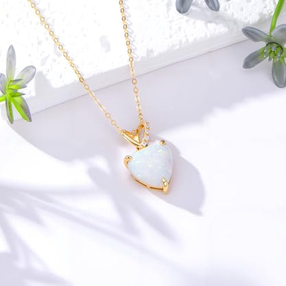14K Gold Love Heart Necklace with Diamond for Women 4 Carat Heart Shaped Opal Pendant Necklace Dainty Jewelry Gift for Christmas Valentine's Day