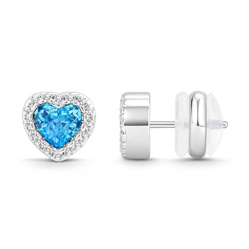 CoBi Halo Stud Earrings for Women, Cubic Zirconia Earrings, Birthstone Heart Earrings Simulated Diamond Valentine's Day - color: Aquamarine