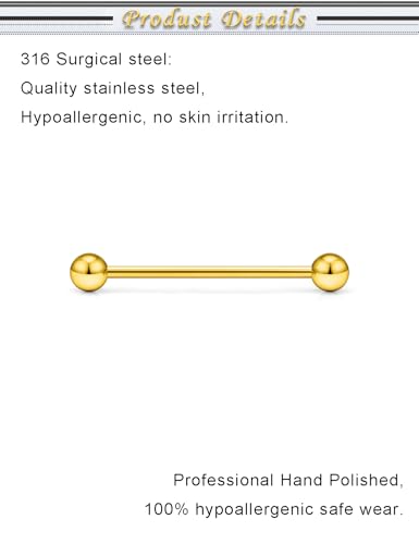 16G 14G Surgical Steel Tongue Rings Nipple Rings Industrial Piercing Jewelry Set Multi Size Straight Barbells 12mm 14mm 16mm 19mm 22mm 28mm 32mm 35mm 38mm 40mm 45mm for Women Men - color: goldtone, size: 14g,bar length 28mm