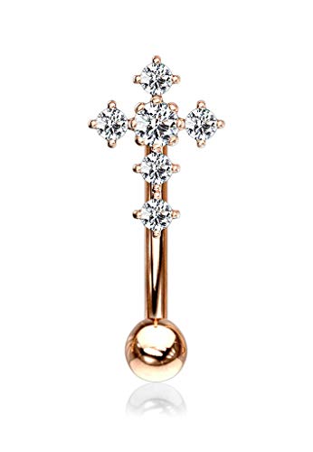 Forbidden Body Jewelry 16g 8mm Surgical Steel Curved Barbell for Daith, Eyebrow, Rook & Belly Button with CZ Cross Top - color: Rose Gold Tone