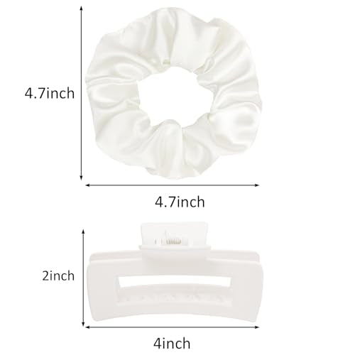 Hair Accessories Set Pack of 6 – 3 Medium Hair Clips for Women, 3 Big Satin Scrunchies for Hair, Non-Slip Matte Square Hair Claw Clips, Back to School, Birthday Gift, Daily Use (White) - color: White