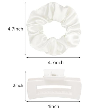 Hair Accessories Set Pack of 6 – 3 Medium Hair Clips for Women, 3 Big Satin Scrunchies for Hair, Non-Slip Matte Square Hair Claw Clips, Back to School, Birthday Gift, Daily Use (White) - color: White