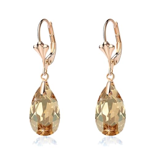 Austrian Crystal Teardrop Leverback Dangle Earrings for Women Fashion 14K Gold Plated Hypoallergenic Jewelry - color: Topaz