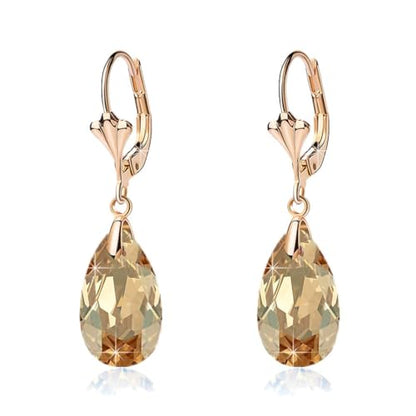 Austrian Crystal Teardrop Leverback Dangle Earrings for Women Fashion 14K Gold Plated Hypoallergenic Jewelry - color: Topaz