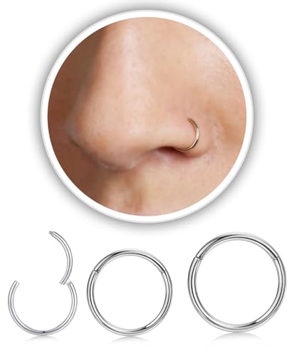 AMASIS Nose Rings and Nose Studs Set, Stainless Steel Hinged Nose Hoops and CZ Studs, Select Sizes and Styles for Nostril Septum Cartilage Piercing Jewelry - color: Silver, size: 3-Piece Hoops,20Gauge,6/8/10mm