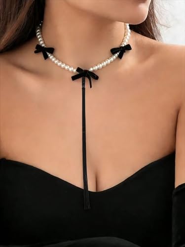 Black Pearl Bow Choker Necklace, Vintage Ribbon Beaded Collarbone Chain for Women, Party Birthday Jewelry
