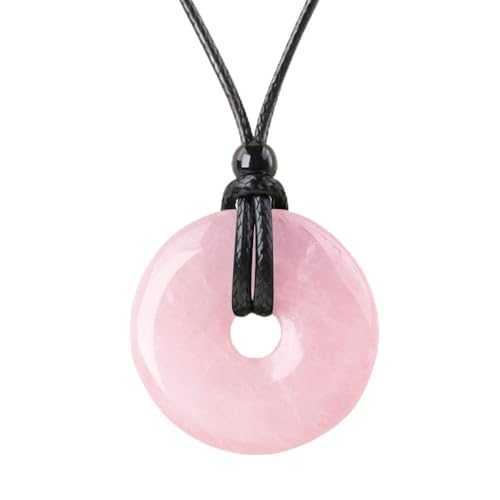 Anjiucc Natural Gemstone Pendant Necklce Lucky Coin Crystal Necklace Donut Pendnat with Adjustable Rope Healing Crystal for Men - color: Rose quartz