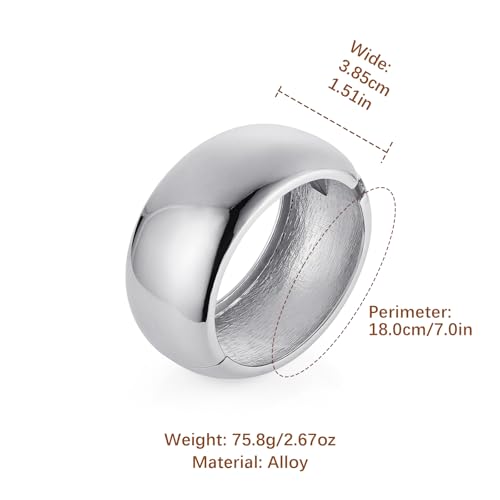 HZMAN Chunky Gold Cuff Bracelets for Women Thick Wide Bangle Bracelet Hammered Open Hinge Wrist Cuff Bracelet Jewelry Gift - color: 05.Round Polished Silver