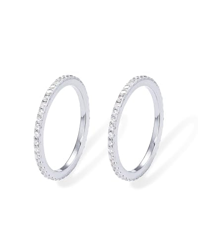 PAVOI 925 Sterling Silver Wedding Band for Women, 14K Gold Plated CZ Ring | Dainty Stackable Rings for Women, Cubic Zirconia Eternity Rings - color: 2-Pack White Gold