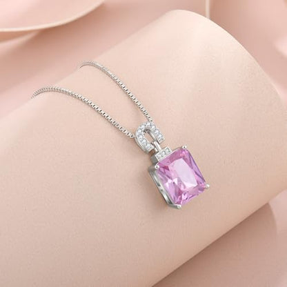 Emerald Cut Birthstone Necklace for Women 925 Sterling Silver | Baguette Birthstone Pendant Necklace, Jewelry for Mom Wife - color: Pink