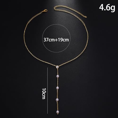 Gold Pearl Choker Necklace for Women, Simple Y Lariat Necklace Non Tarnish Pearl Drop Chain Wedding Jewelry for Bridal