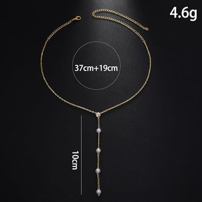 Gold Pearl Choker Necklace for Women, Simple Y Lariat Necklace Non Tarnish Pearl Drop Chain Wedding Jewelry for Bridal