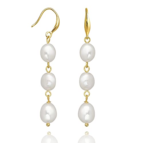 Long Pearl Earrings for Women 14K Gold Plated Sterling Silver Baroque Pearl Dangle Drop Earrings With Elegant Hook
