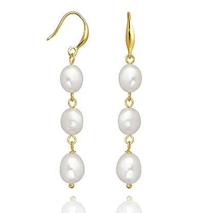 Long Pearl Earrings for Women 14K Gold Plated Sterling Silver Baroque Pearl Dangle Drop Earrings With Elegant Hook