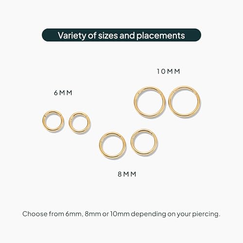 PAVOI Clicker Hoop Earrings for Women & Men, 14K Gold Plated Hinged Huggies | Hypoallergenic Titanium Piercing Earrings, Piercing Jewelry Cartilage Helix Nose Ring Tragus Rook Septum 16-18-20 Gauges - color: Yellow Gold, size: 20 Gauge 10mm