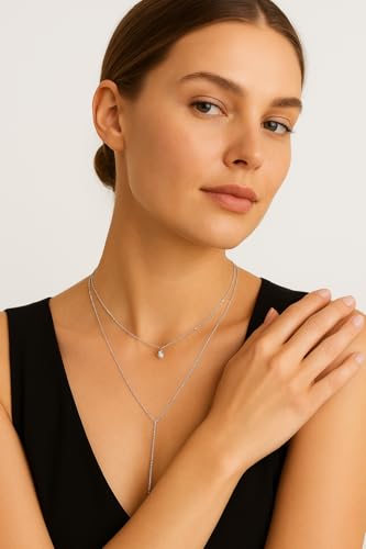 14K Gold Plated Y Necklace for Women – Dainty Lariat Long Pendant Chain, Layered Drop Necklace for V Neck Dress, Simple Sexy Cleavage Jewelry Gifts for Women - color: Silver - Double layer - Bell
