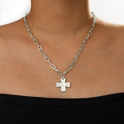 Chunky Cross Necklace for Women,Gold Silver Layered Hammered Cross Pendant Necklace Statement Paperclip Toggle Charm Chain Herringbone Snake Choker Christian Jewelry Outfit Accessories - color: BSilver