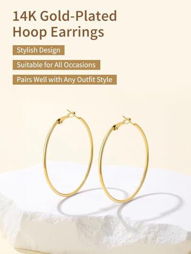 FindChic Thin Hoop Earrings for Women,Silver/Black/Gold Plated 20-100mm - color: Gold, size: 50mm
