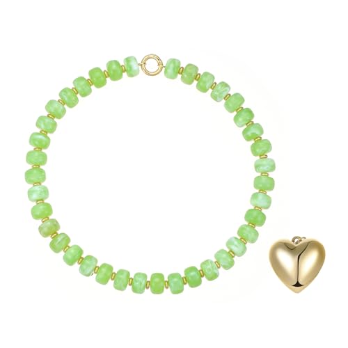 Chunky Heart Necklaces for Women Colorful Resin Beaded Necklaces for Women Gold Puffy Heart Statement Necklace Trendy Acrylic Choker Jewelry Gift - color: B-Light green