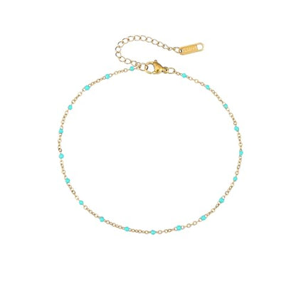 18K Gold Plated Boho Beaded Anklets for Women Dainty Gold Layered Round Ball Ankle Bracelet Pearl Cross Anklet Bracelet Waterproof Gold Jewelry - color: Green Beads-Gold