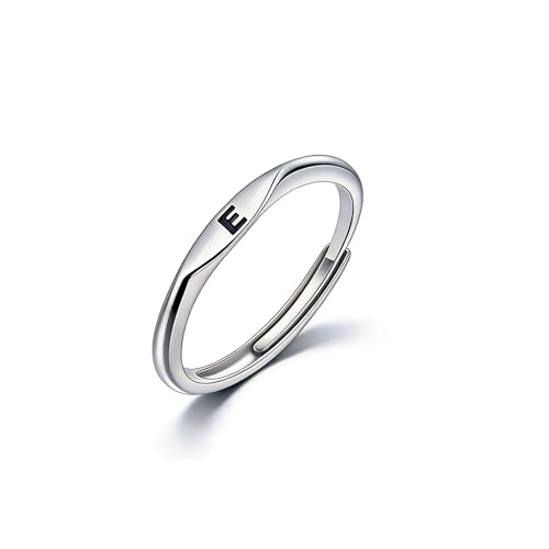 Thin Stacking Initial Rings for Women Stackable Plain Letter Ring Open Adjustable Silver Capital Alphabet Letter Band Ring - color: E