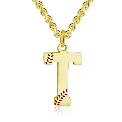 AIAINAGI Baseball Initial A-Z Letter Necklace - Men's Baseball Charm Pendant in Stainless Steel Silver Chain, 22inch Personalized Gift - style: T Letter