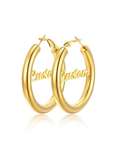 FindChic Hoop Earrings for Women, Silver/Black/14K Gold Plated Hypoallergenic Hollow Round Tube Loop Earrings, 20mm/30mm/40mm/60mm/80mm Chunky Hoops with Custom Name Options & Gift Box - color: f.Gold (Custom Name), size: 40MM