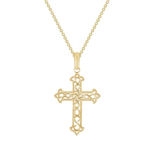 Takar 14K Gold Vermeil and 925 Sterling Silver Filigree Cross Pendant Necklace for Women, Open Work Christian Jewelry, Optional Rolo Chain - color: 14K Gold Vermeil