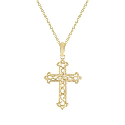 Takar 14K Gold Vermeil and 925 Sterling Silver Filigree Cross Pendant Necklace for Women, Open Work Christian Jewelry, Optional Rolo Chain - color: 14K Gold Vermeil