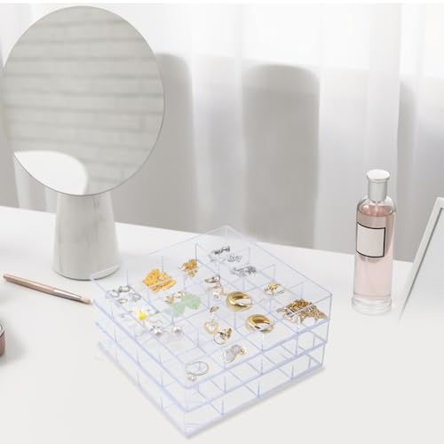 4 PCS Stackable Jewelry Organizer Tray, Clear Square Plastic Storage Box | with 16 Mini Grid (1.57''), Suitable for Drawer Dresser Vanity Desk Use, Necklaces Bracelets Rings Earrings Storage