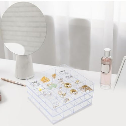 4 PCS Stackable Jewelry Organizer Tray, Clear Square Plastic Storage Box | with 16 Mini Grid (1.57''), Suitable for Drawer Dresser Vanity Desk Use, Necklaces Bracelets Rings Earrings Storage