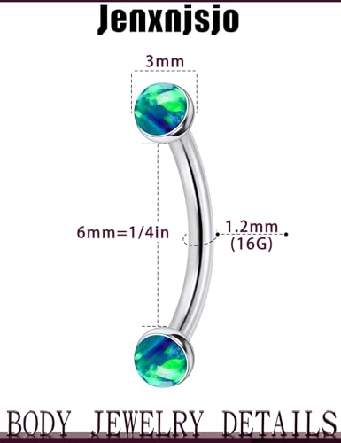 Jenxnjsjo F136 Titanium 16g 6/8/10mm Opal Eyebrow/Rook/Snug/Vertical-Labret/VCH/Snake-Eyes/Anti-Tragus/Christina/Daith/Belly-Button/Bridge/Hood/Surface Curved Barbell Piercing Jewelry for Women Men - color: Green Opal, size: 6mm