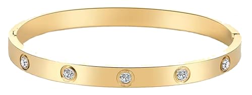 Stainless Steel for Ladies Men Bracelet Bangle Yellow 18k Gold Plated Diamonique CZ stone crystal - color: Gold