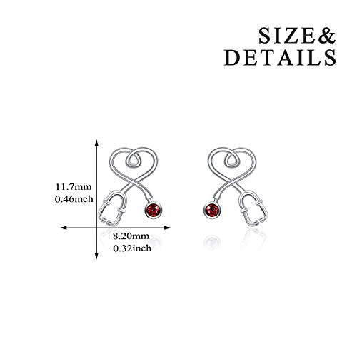 Stethoscope Earrings 925 Sterling Silver Heart Studs Earrings 12 Months Birthstone Crystals from Austria, Graduation Jewelry Gifts for Nurse Doctor RN Medical Student - color: Simulated Ruby