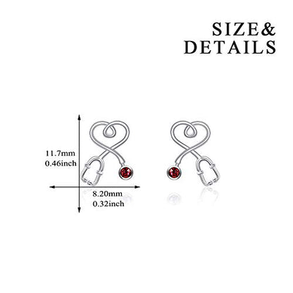 Stethoscope Earrings 925 Sterling Silver Heart Studs Earrings 12 Months Birthstone Crystals from Austria, Graduation Jewelry Gifts for Nurse Doctor RN Medical Student - color: Simulated Ruby