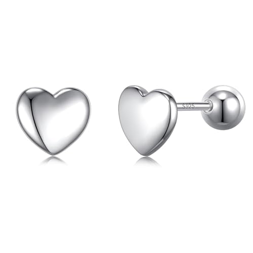 JSGEMSLEE Hypoallergenic 925 Sterling Silver Stud Earrings for Women With Screw Back Small Butterfly Heart Flower Earrings for Girls Tragus Cartilage Jewelry Gifts - color: heart