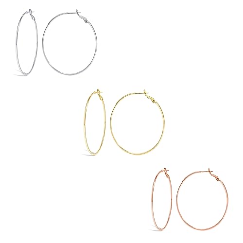 Cocadant Big Gold Hoop Earrings for Women Girls,Dainty 14k Gold Hypoallergenic Rose Gold Silver Hoop Earrings with 925 Sterling Silver Post,Stainless Steel Large Hoop Earrings - style: 30mm-Gold,Silver and Rose gold