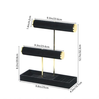 Coward Bracelet Necklace Holder Display, T-Bar Jewelry Holder Stand, Jewelry Organizer with Tray for Necklaces, Bangles,Rings Earrings Watches (Black Velvet) - color: Black