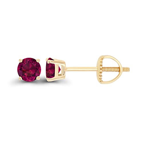 14K Gold Plated 925 Sterling Silver Hypoallergenic 4mm Round Genuine Birthstone Solitaire Screwback Stud Earrings - color: Ruby Created