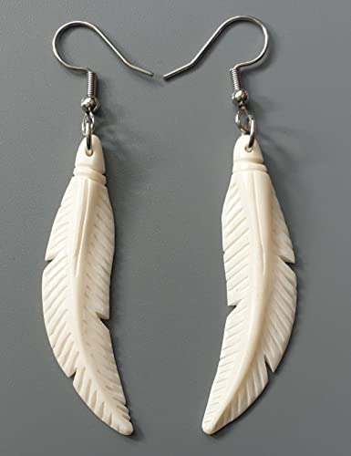 Hand Carved Bone Feather Dangle Drop Boho Tribal Earrings FA026 | Handcrafted 2.4" Feather Authentic Ox Bone Earrings, Handmade Lightweight Bohemian Tribal Fashion Jewelry Gift for Women